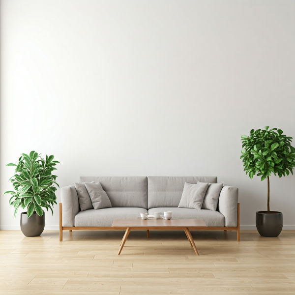 Image of a clean house living room with plants and sofa.