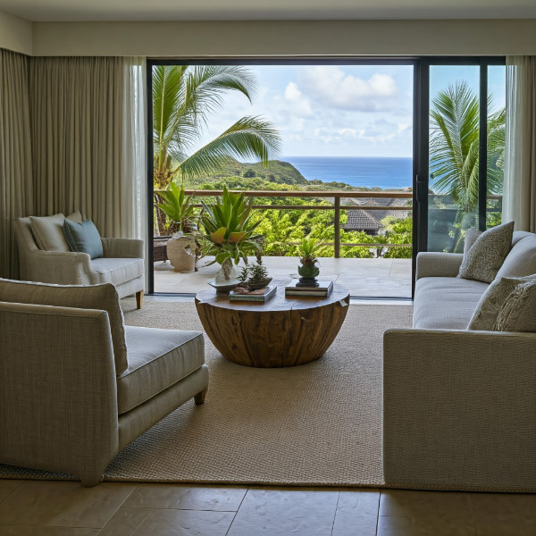 Image of a room in Hawaii with stylish furniture made out of wood and very nice rug.